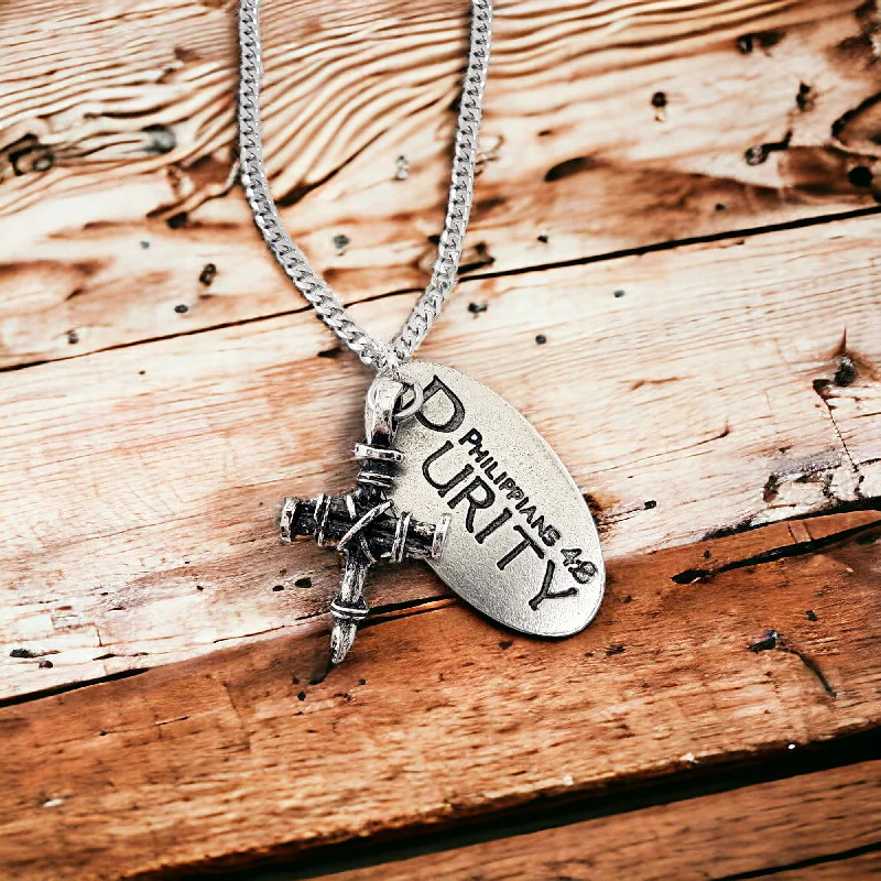 Silver Pendant Necklaces-Penny Nail Cross With Purity Tag Necklace