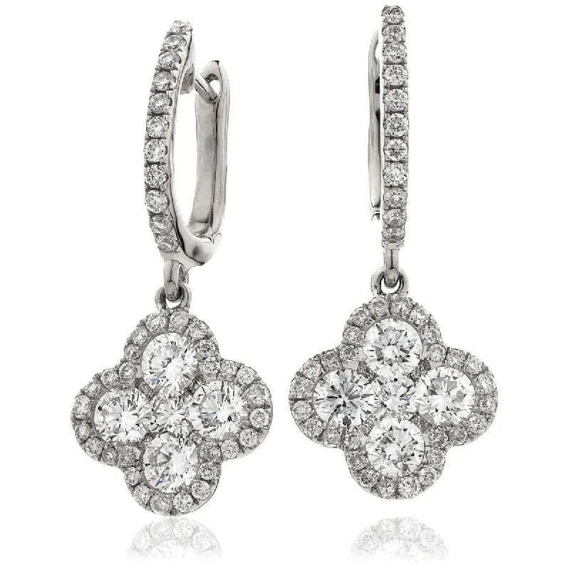 Silver Hoops Earrings-DIAMOND CLUSTER AND HALO DROP EARRINGS IN 18K WHITE GOLD