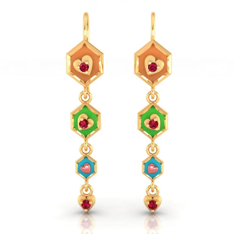 Silver Bead Earrings-18k Gold Earrings With Hexagonal Shapes And A Heart Drop