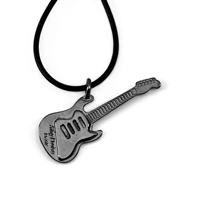 Custom Letter Necklaces-Electric Guitar Sing Praise Gunmetal Necklace