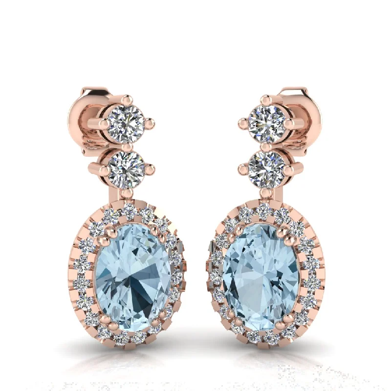 Chic Dangle Earrings-Aquamarine 1.40 Carat Oval Shape Halo Lab Grown Diamond Drop Earrings E1OCA