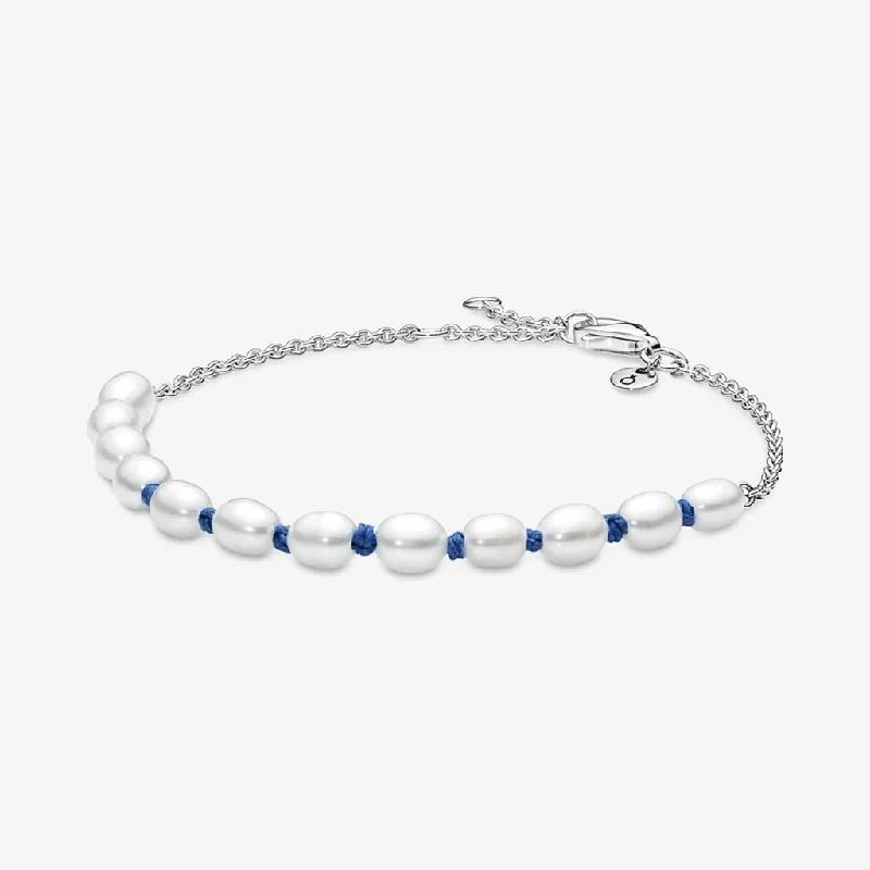 Simple Leather Cuff Bracelets-PANDORA : Freshwater Cultured Pearl Blue Cord Chain Bracelet