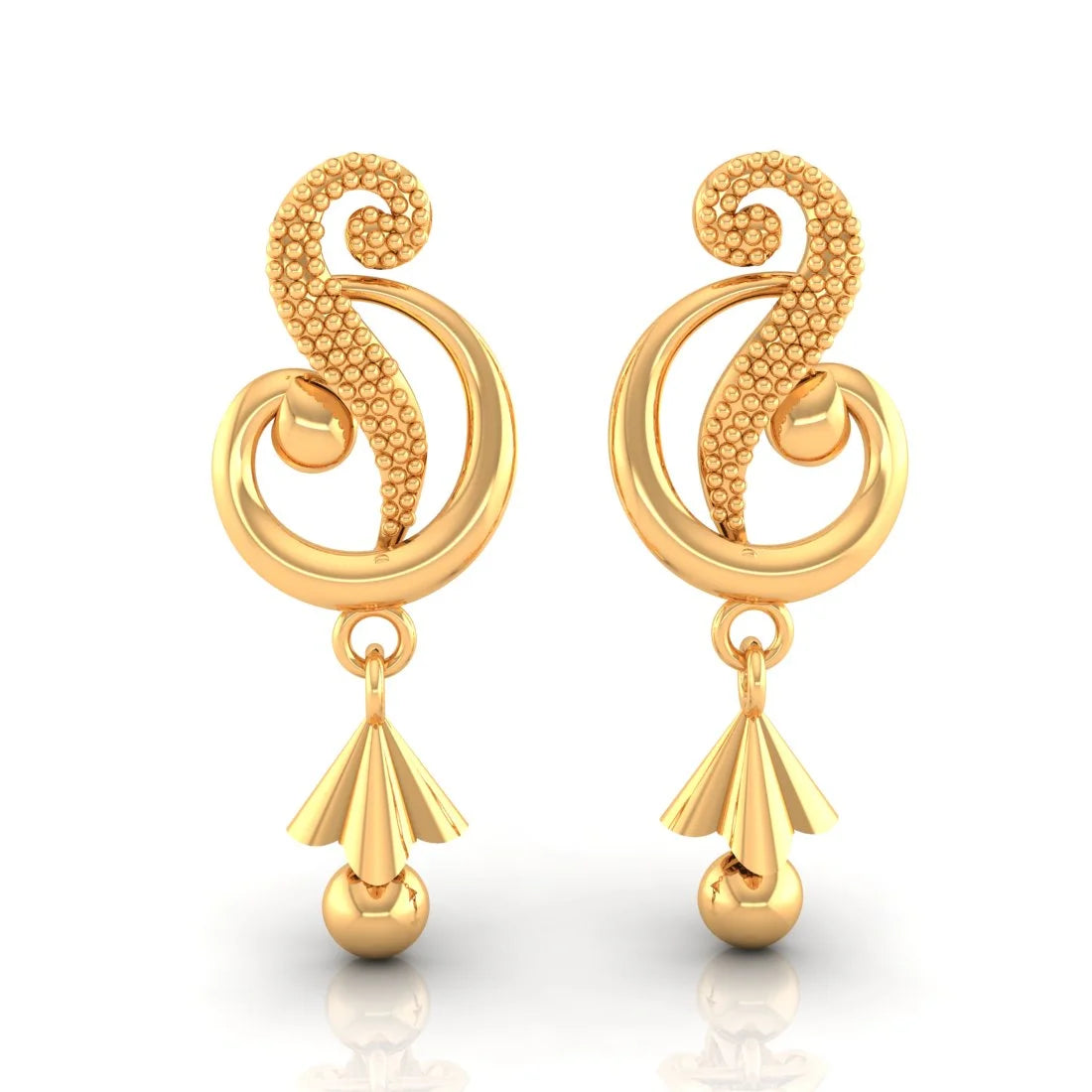 Cute Flower Earrings-22KT (916) Yellow Gold Dangle Drop Earrings With Swirl Design And Cone-shaped Drop