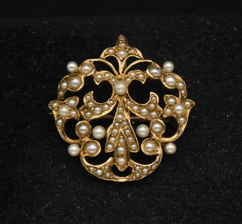 Custom Brooch with Unique Design-Vintage Handcrafted 14K Gold and Cultured Pearl Fleur-de-Lis Brooch/Pendant