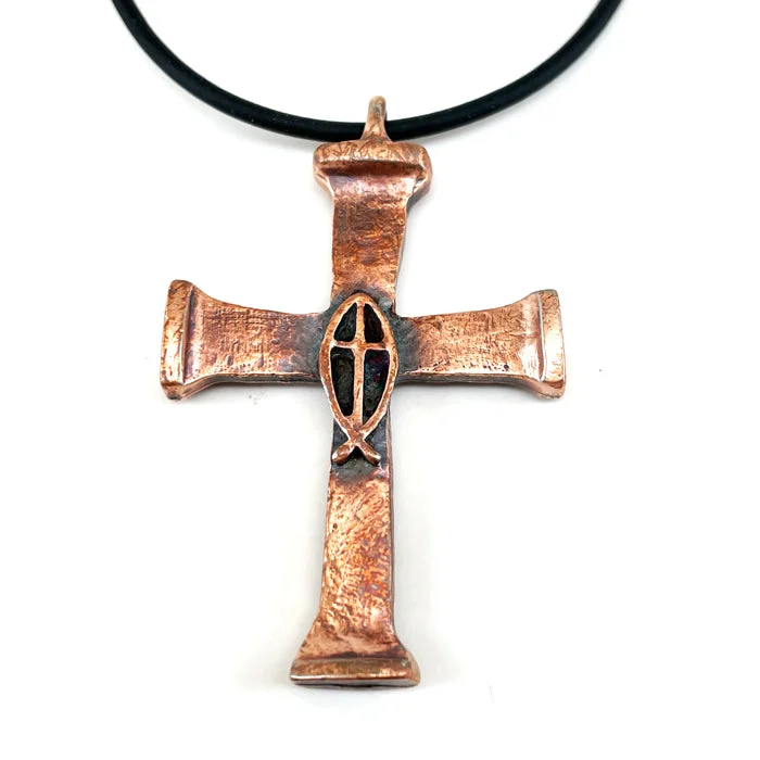 Elegant Gold Necklaces-Horse Nails Cross Fish Antique Copper Finish Necklace