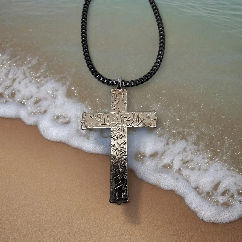 Personalized Couple Necklaces-Hammered Cross Dark Metal Finish Black Chain Necklace