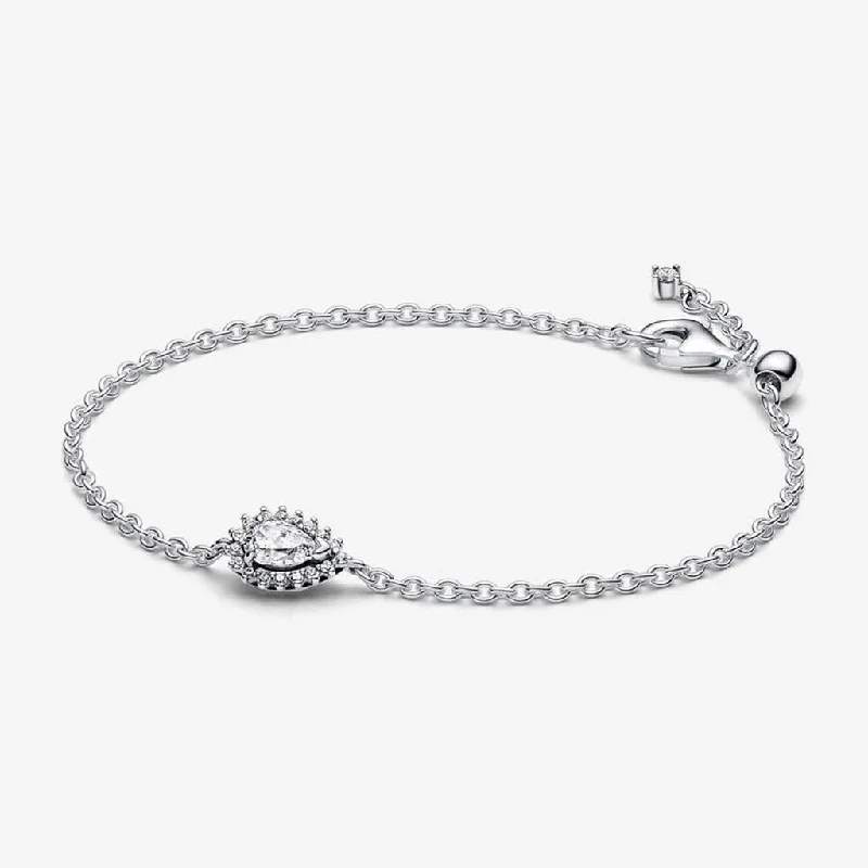 Elegant Chain Bracelets-PANDORA : Sparkling Pear Halo Chain Bracelet - Sterling Silver