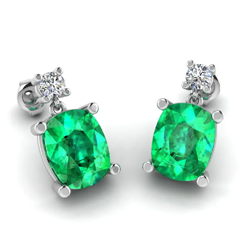 Fashionable Gold Earrings-Cushion Shape Emerald Natural Diamond Drop Earrings EDCCE