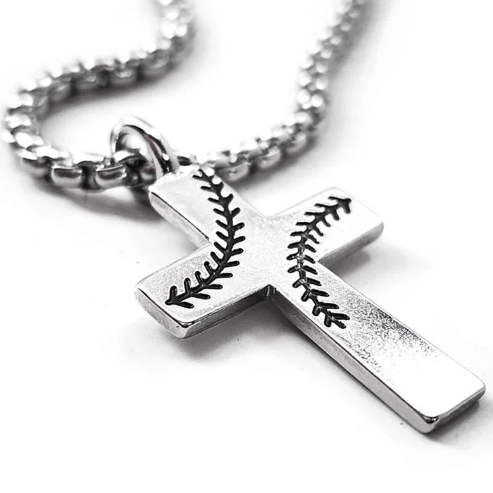 Natural Stone Necklaces-Baseball Stitch Cross Rhodium Finish Necklace on Heavy Chain