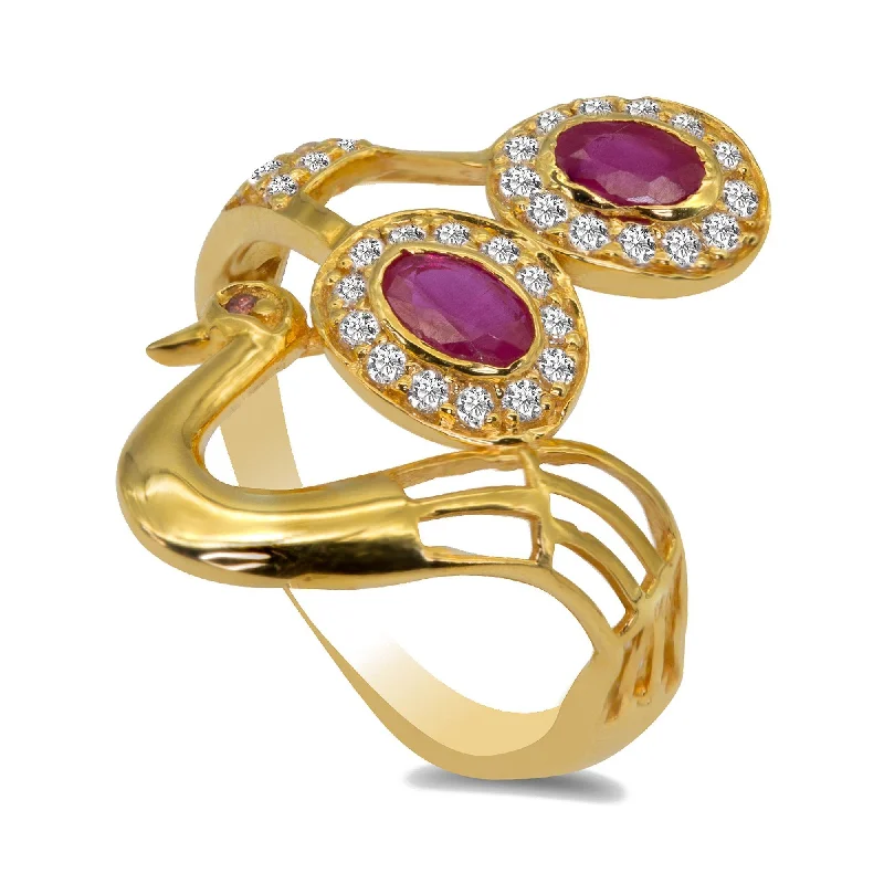 Rose Gold Diamond Rings-Peacock Ruby Ring Set in 22K Yellow Gold Ring W/Cubic Zirconia Stones