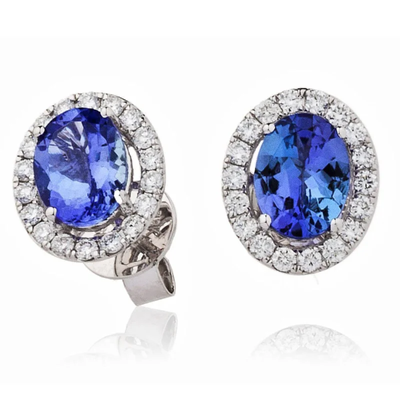 Long Silver Earrings-TANZANITE HALO STUD EARRINGS