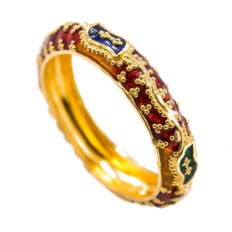 Vintage Promise Rings-22K Yellow Gold Enamel Ring W/ Domed Band & Textured Eyelet Details