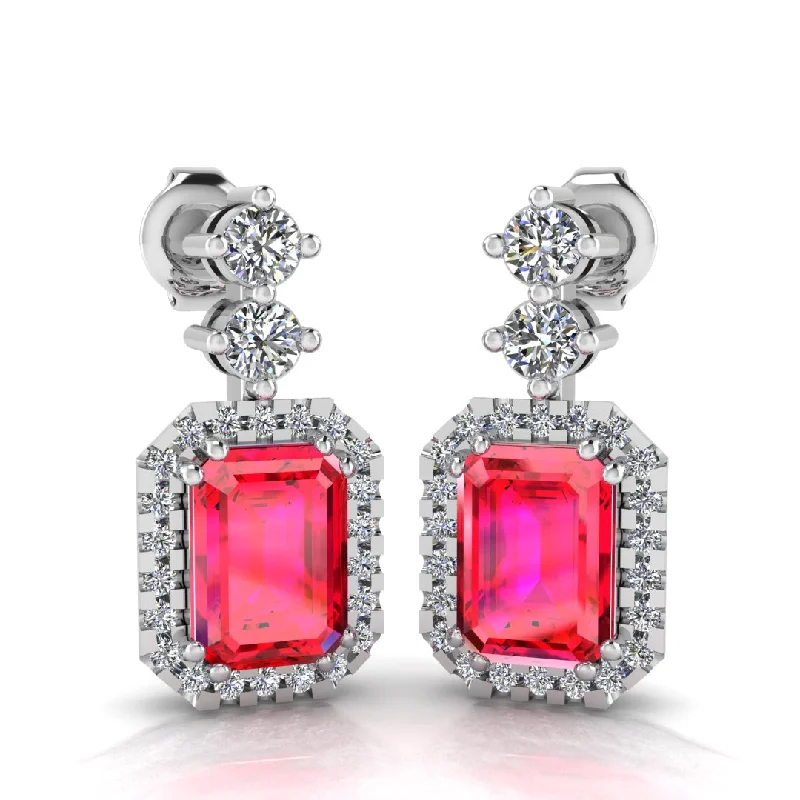 Cute Heart Earrings-Emerald Cut 1 Carat Ruby Natural Diamond Halo Drop Earrings E1ECR