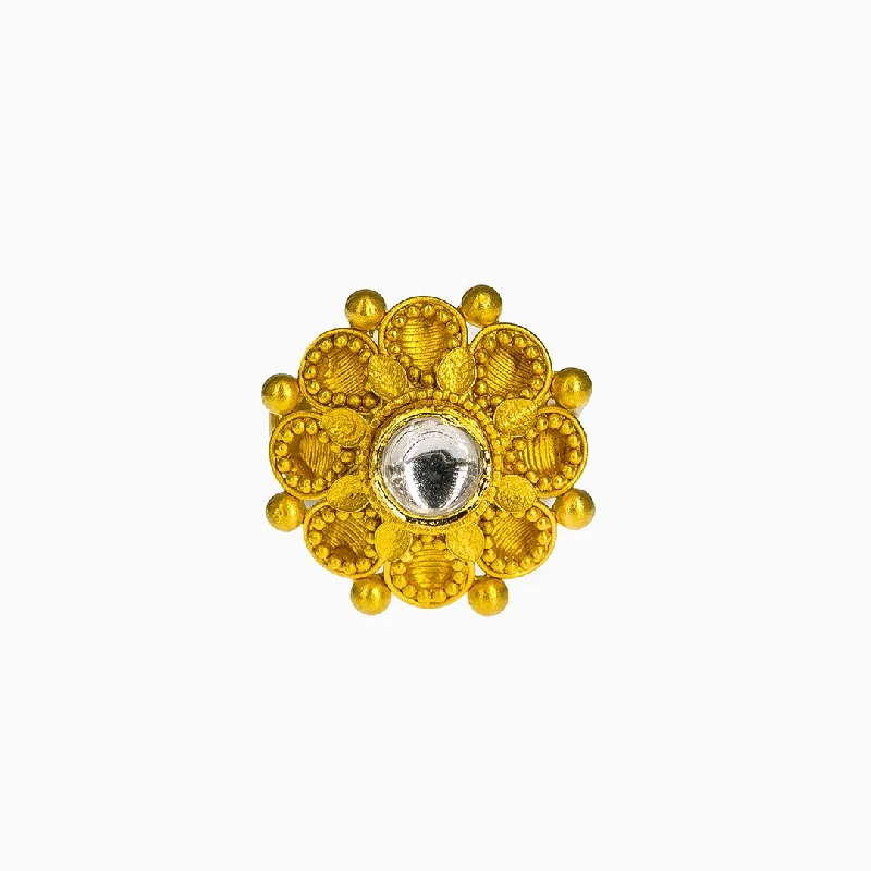 Colored Gemstone Rings-22K Yellow Gold Adjustable Ring W/ Kundan & Clustered Flower Accent