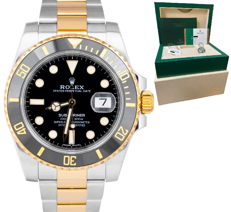 Sports Watches with Fitness Tracking-MINT Rolex Submariner Date Ceramic Two-Tone Stainless Gold Black Watch 116613 LN