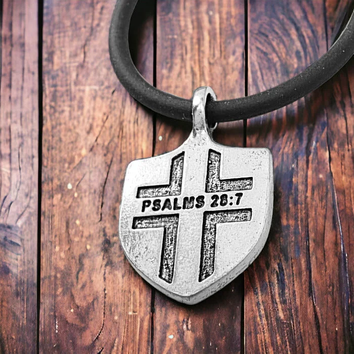 Heart Shaped Necklaces-Psalms 28:7 Shield Antique Silver Pendant Black Cord Necklace