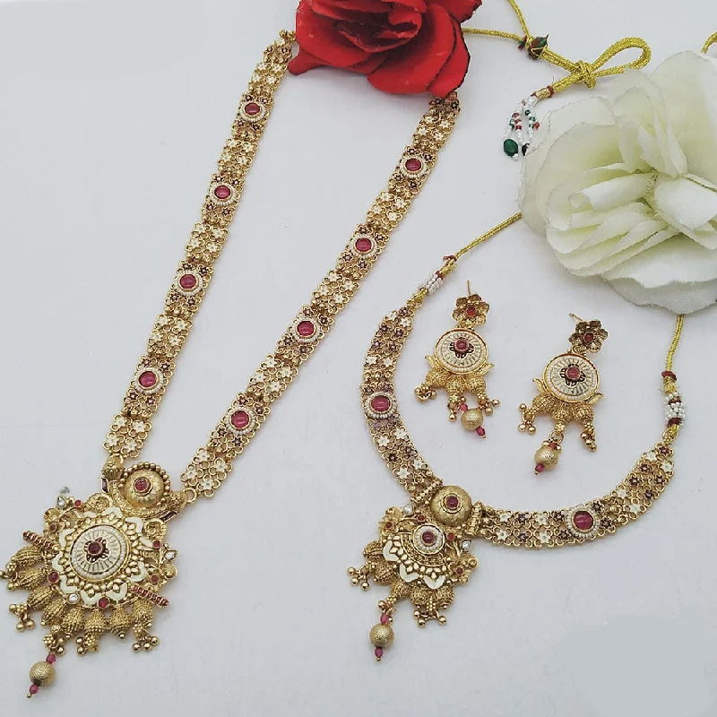 Nature-Inspired Pendant Necklaces-FS Collection Gold Plated Pota Stone Double Meenakari Necklace Set