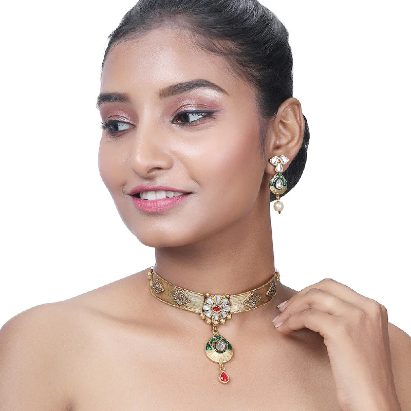 Personalized Birthstone Necklaces-Asmitta Gold Plated Kundan Choker Necklace Set