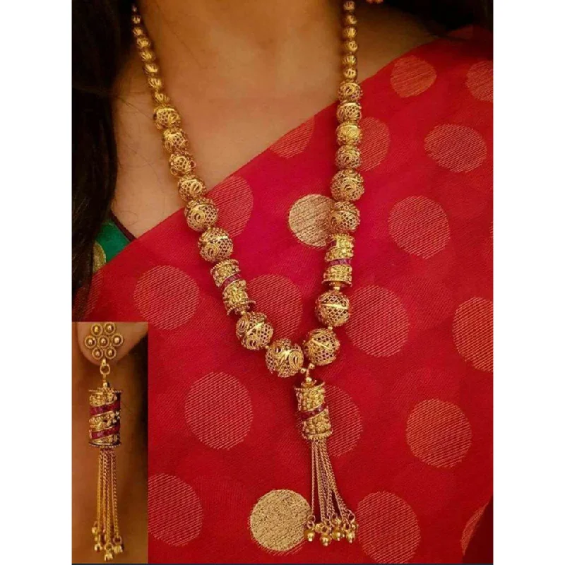 Personalized Couple Necklaces-India Art Gold Plated Pink Pota Stone Long Necklace Set