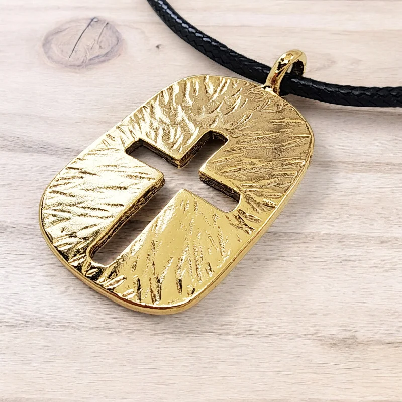 Engraved Bar Necklaces-Cross Tag Hammered Gold Metal Finish Black Cord Necklace