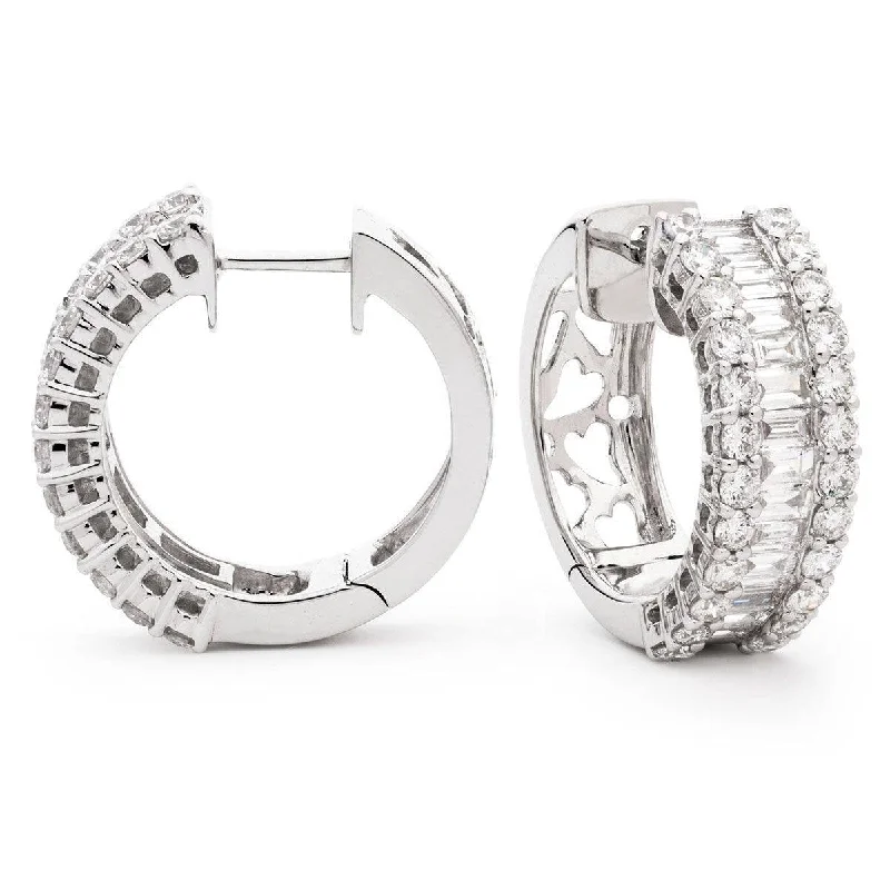 Statement Earrings for Teens-BAGUETTE AND ROUND CUT DIAMOND HOOP EARRING IN 18K WHITE GOLD