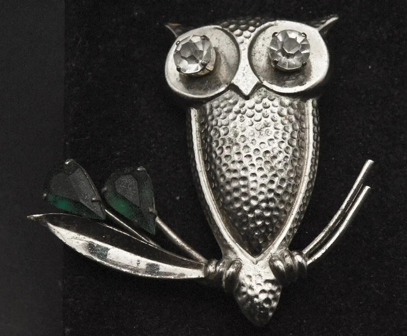 Minimalist Brooch with Pearls-Vintage Silver Tone Metal Owl Brooch