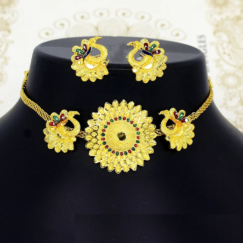 Gold Choker Necklaces-Mahavir Dye Gold Pearl Peacock Choker Necklace Set