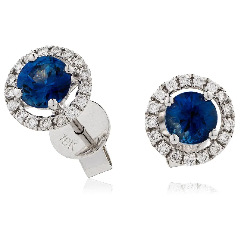 Bright Colored Earrings-SAPPHIRE HALO STUD EARRINGS