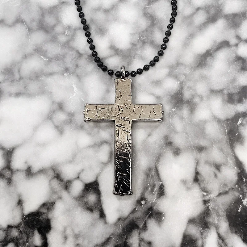 Personalized Name Necklaces-Hammered Cross Dark Metal Finish Black Ball Chain Necklace