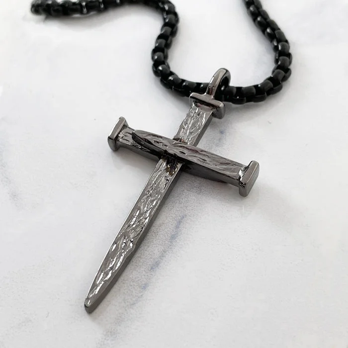 Rose Gold Chain Necklaces-Nail Cross Large Rugged Dark Finish Pendant Dark Heavy Chain Necklace