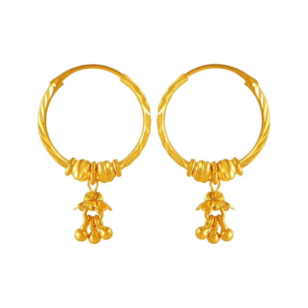 Retro Style Earrings-22KT (916) Yellow Gold Floral Hoop Jhumka Earrings