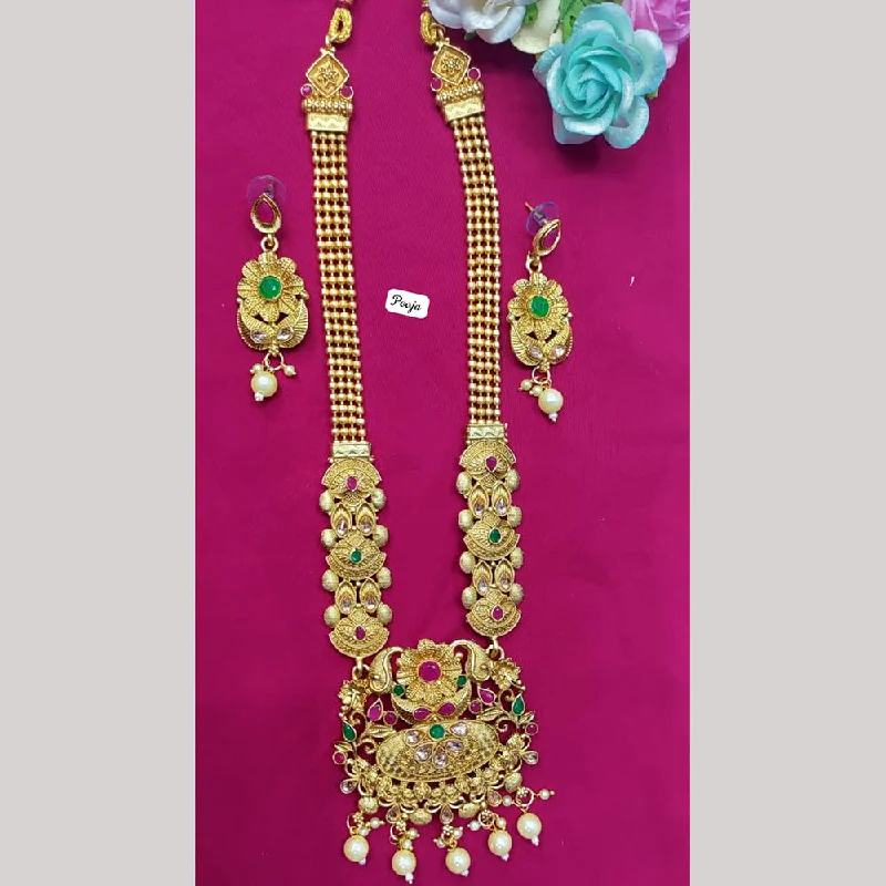 Handcrafted Gold Necklaces-Pooja Bangles Gold Plated Pota Stone Long Necklace Set